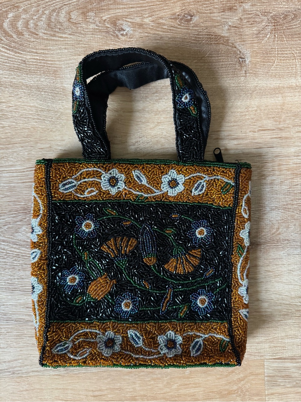 Vintage Y2K Hand Beaded Floral Mini Tote Black Satin Top Handle Evening Purse